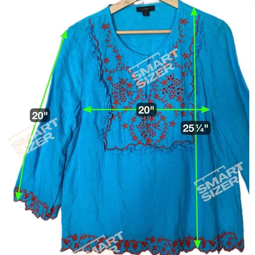 J. Crew Embroidered Linen Tunic Top Womens 2 Aqua Blue Boho Chic Floral Resort - Picture 3 of 8